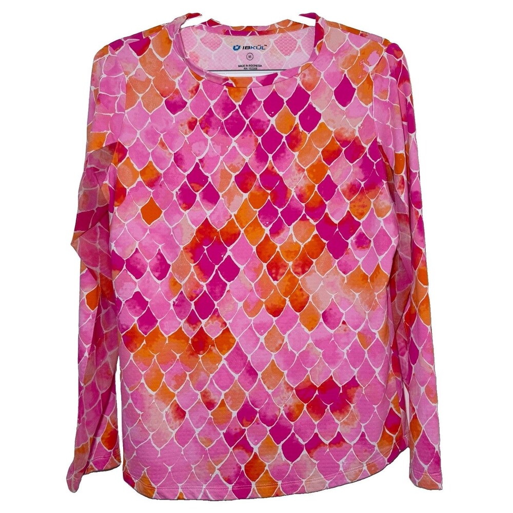 IBKUL Ariel Top Womens M Pink Orange Mermaid Print Mesh Long Sleeve Golf